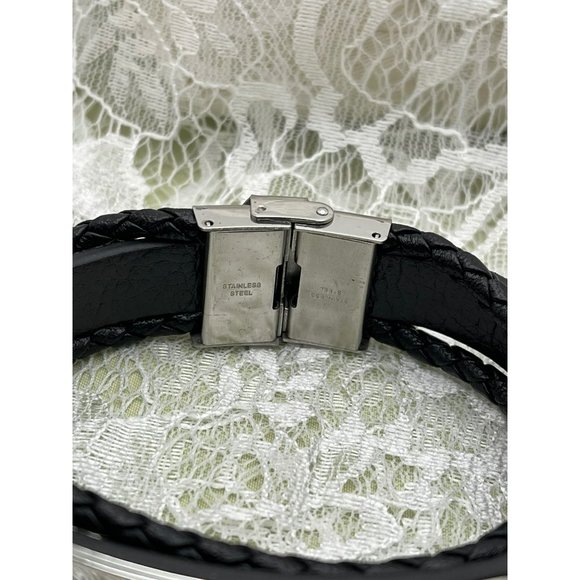 "Be{you}tiful" Stainless Steel & Black Faux Leather Easy Clasp Bracelet - Picture 4 of 11